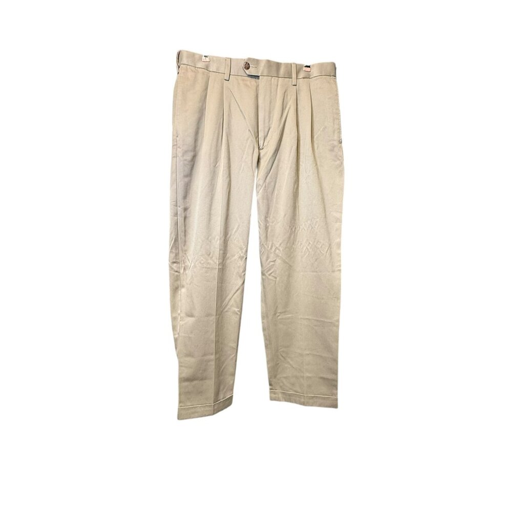 SAVANE Mens W34 L29 Pleated Dress Pants Wrinkle Free Comfort Waist - Tan